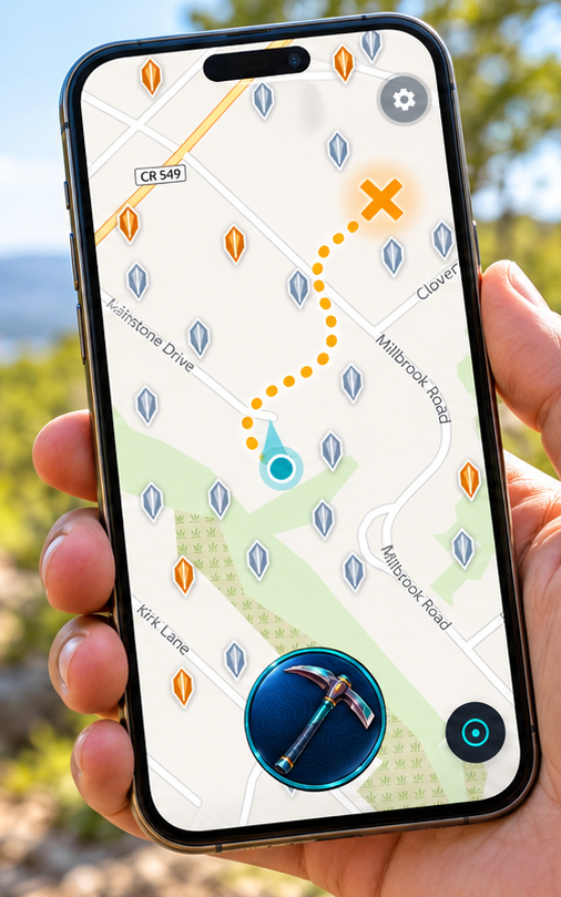 A phone held outdoors, showing the GeologyGo map with the player’s location, nearby mineral pins, and a dotted path toward an orange X.