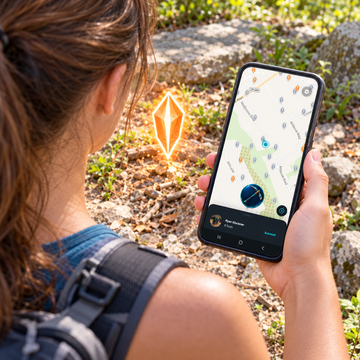 A player standing near a map pin, with the phone showing the specimen details and an active collect button because they are close enough.